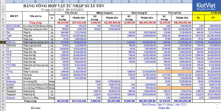 Báo cáo nhập xuất tồn trên file Excel