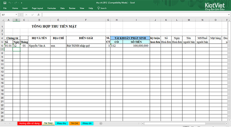 Quản lý thu chi công ty bằng excel