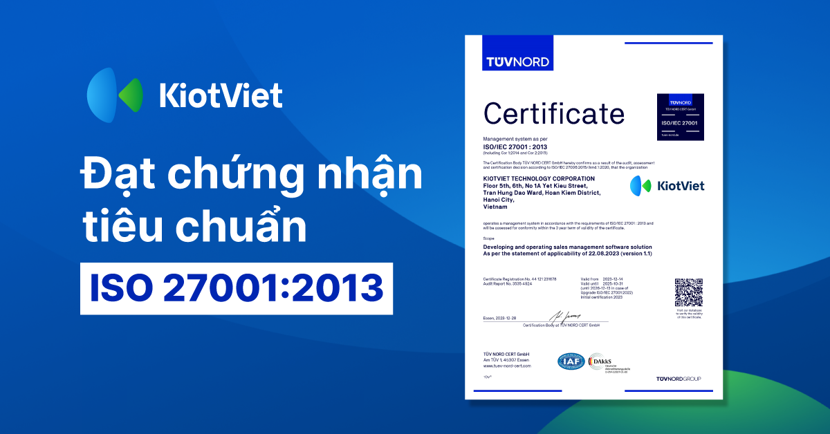 KiotViet đạt chứng nhận tiêu chuẩn ISO 27001:2013