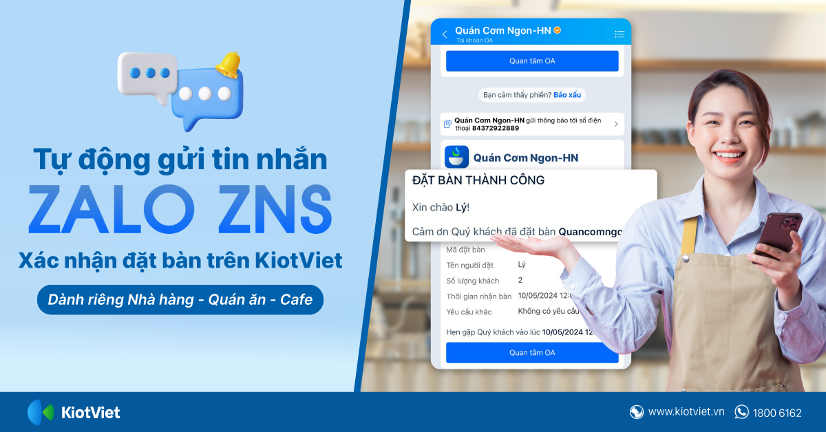 Tự động gửi tin nhắn Zalo ZNS xác nhận đặt bàn trên KiotViet 