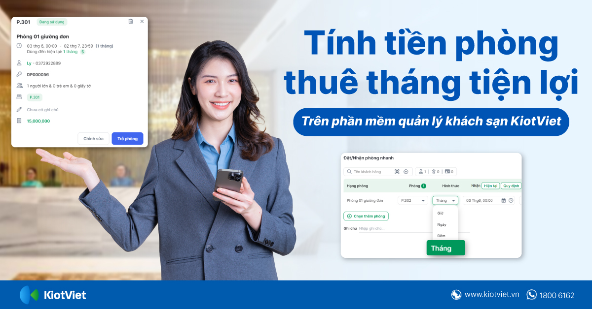 Tính tiền phòng thuê tháng tiện lợi trên phần mềm quản lý khách sạn, homestay KiotViet