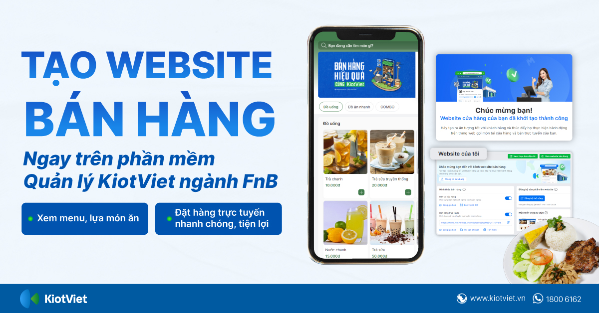 Tạo website bán hàng ngay trên phần mềm quản lý KiotViet ngành FnB: Xem menu, lựa món ăn, đặt hàng trực tuyến nhanh chóng, tiện lợi