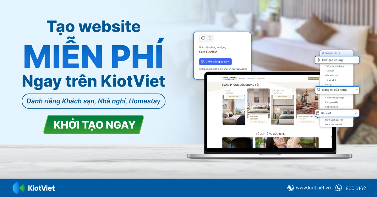 Tạo website miễn phí trên phần mềm KiotViet dành riêng cho khách sạn, nhà nghỉ, homestay 