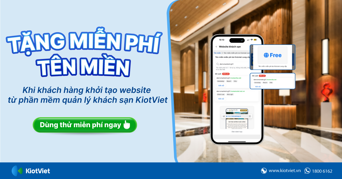 KiotViet tặng MIỄN PHÍ tên miền cho khách hàng khởi tạo website từ phần mềm quản lý khách sạn