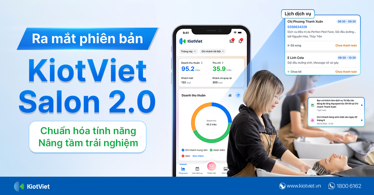 KiotViet dành riêng cho ngành làm đẹp nâng cấp phiên bản 2.0 sử dụng trên thiết bị di động